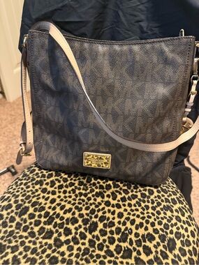 Michael Kors Brown Logo Crossbody with Light Beige Strap and Gold Plaque
